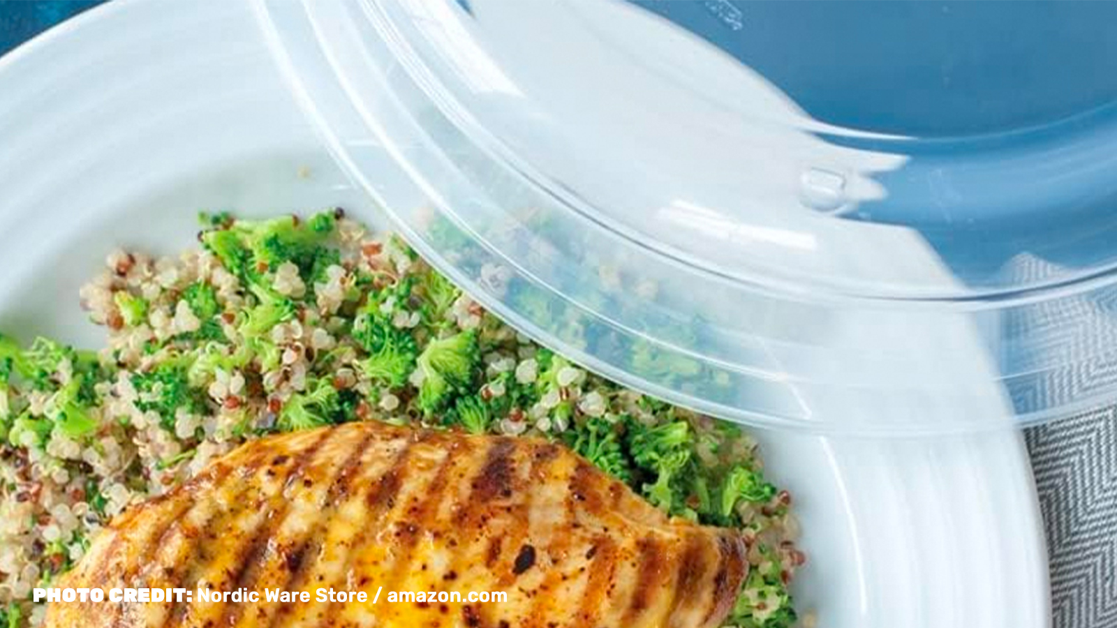 Covered white plate with chicken and couscous