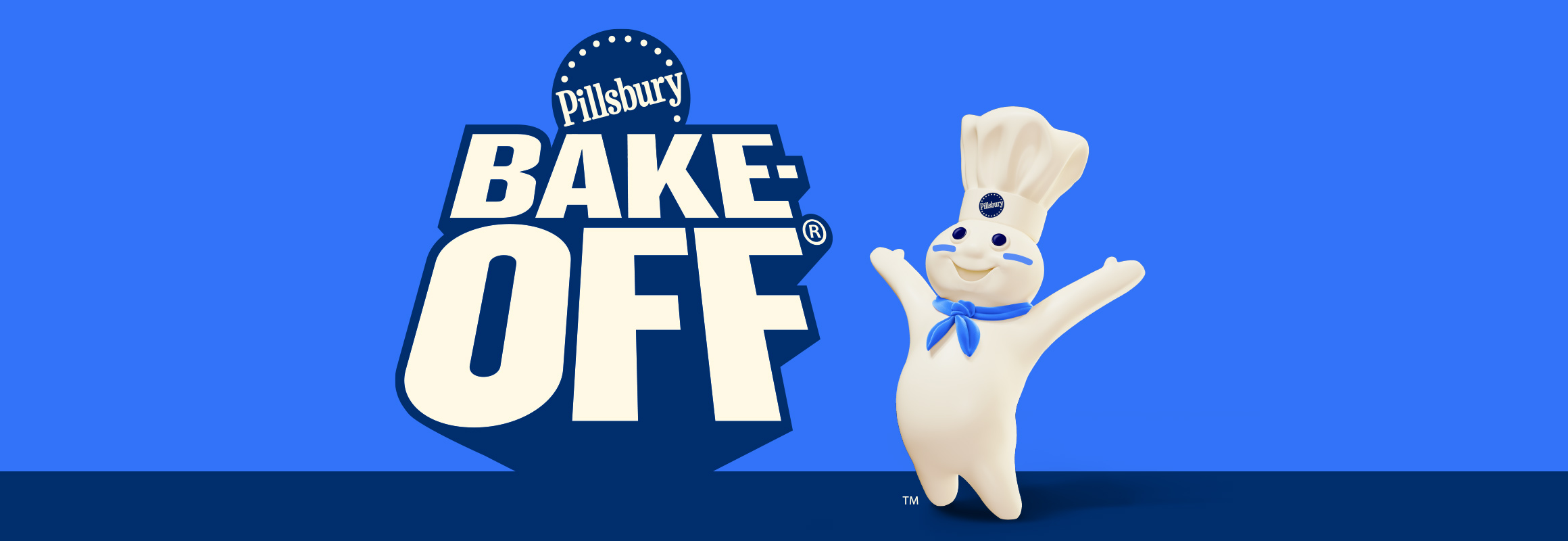 Doughboy throwing his hands in the air in excitement. Pillsbury BAKE-OFF icon on the left side of him.