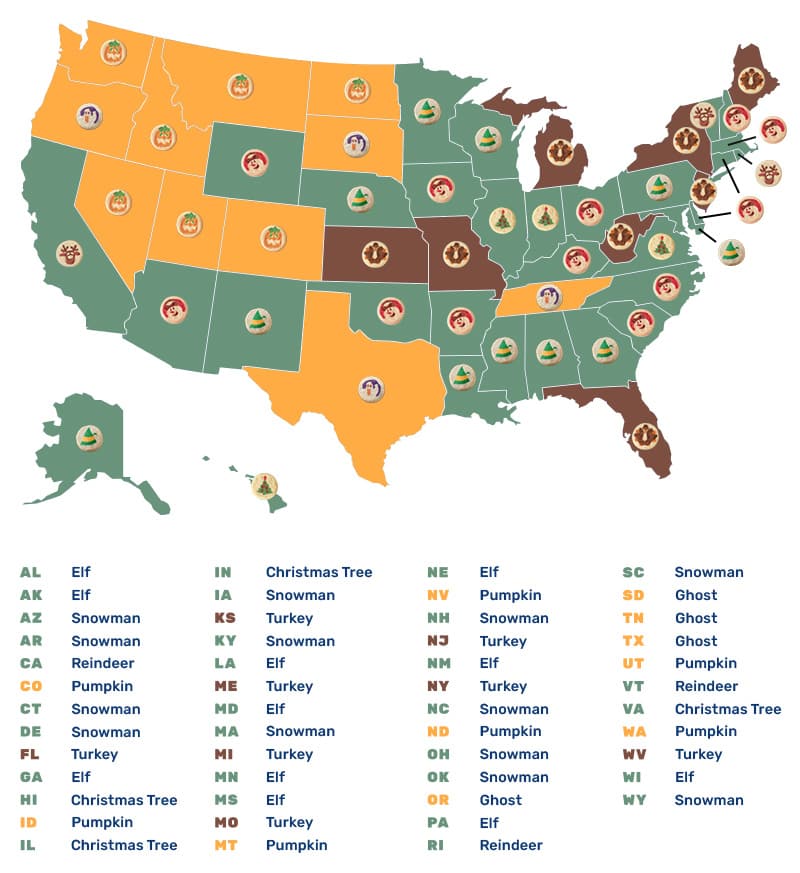 Map of the United States, color-coded by their top Pillsbury shape cookie design.